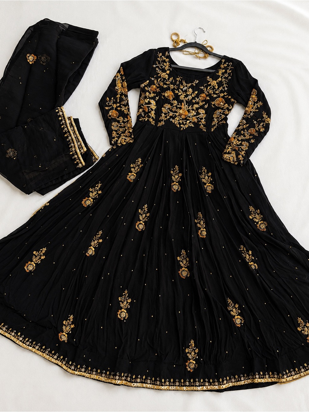 Southasian Black & Gold Embroidered Long Sleeve Anarkali Dress  - Designer